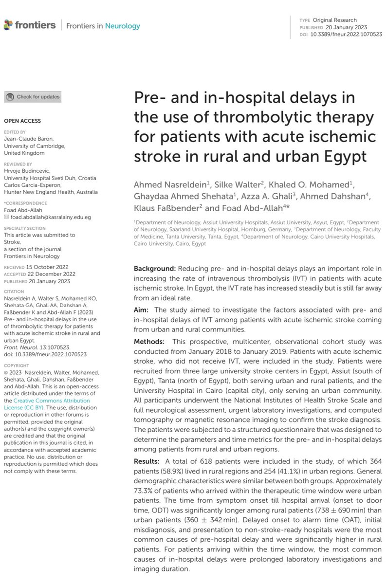 Rural Egypt is far away from urban Egypt regarding access to thrombolytic therapy. Our new publication in Frontiers in Neurology @AfricanStroke @WorldStrokeOrg @WorldStrokeEd @JuliaShapra
