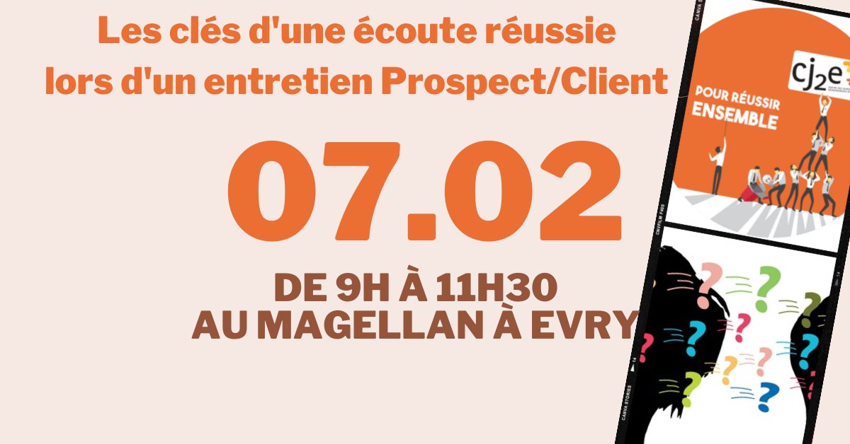 L'homme a 2 oreilles et 1 bouche pour écouter 2 fois plus qu'il ne parle. Place au second épisode de la série culte du Cj2e "Les clés d'une écoute réussie, lors d'un entretien client/prospect. Reste 10 places, ici pour s'inscrire helloasso.com/associations/c…