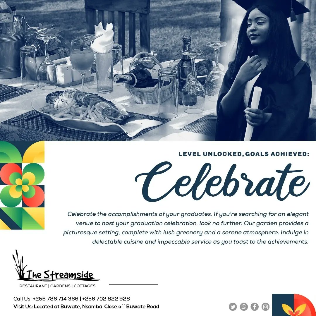 thestreamsideug's tweet image. Our garden provides a picturesque setting complete with lush greenery and serene atmosphere for your graduation party, come celebrate 🥳🥂 at the #streamside #makerere #mubs #graduation2023
