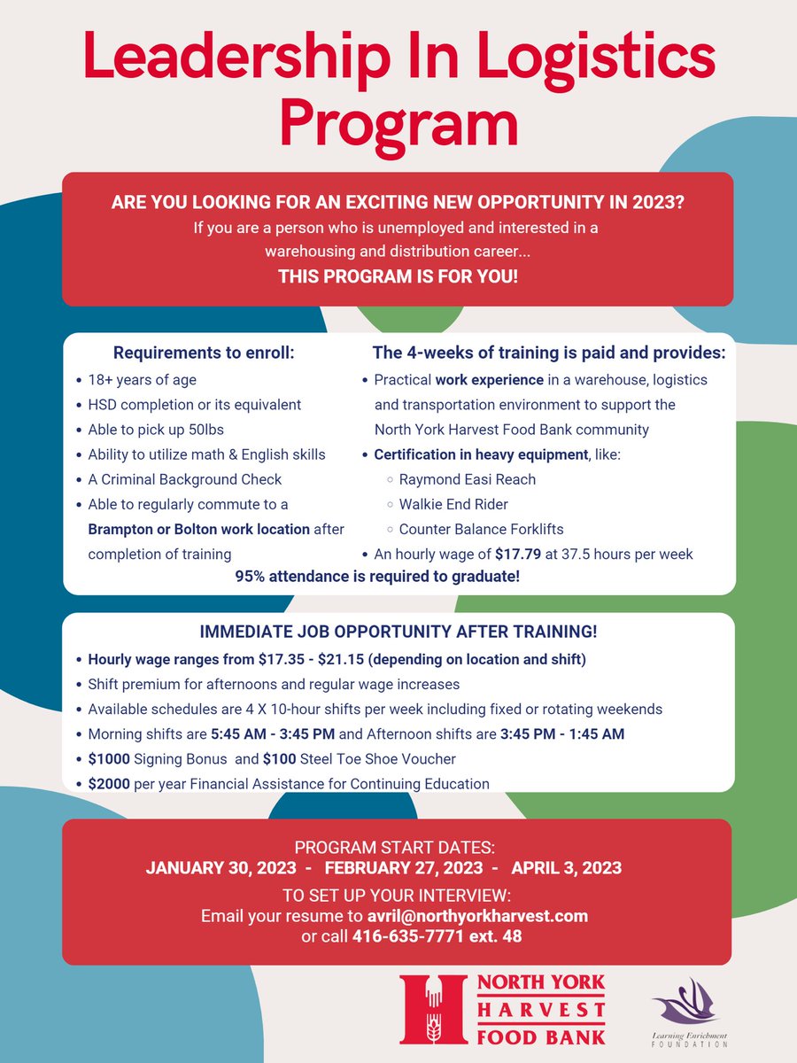 Our Leadership in Logistics program is back! Are you looking for an exciting new opportunity this year? Email Avril at avril@northyorkharvest.com or call 416-635-7771 ex. 48 to set up an interview and check out the flyer for more details! #NYHFB #WorkOpportunities