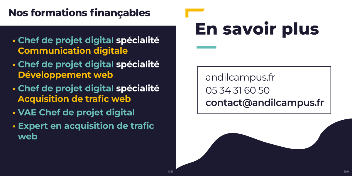 Andilcampus's tweet photo. De nombreuses prises en charge des formations existent. Étudiants, employeurs, trouvez celle qui vous convient !

En savoir + : https://t.co/WpGBxRhyTF

Formations finançables :
• Chef de projet spé. Communication/Développement/Acquisition
• Expert en acquisition de trafic web https://t.co/rLE892JD4r