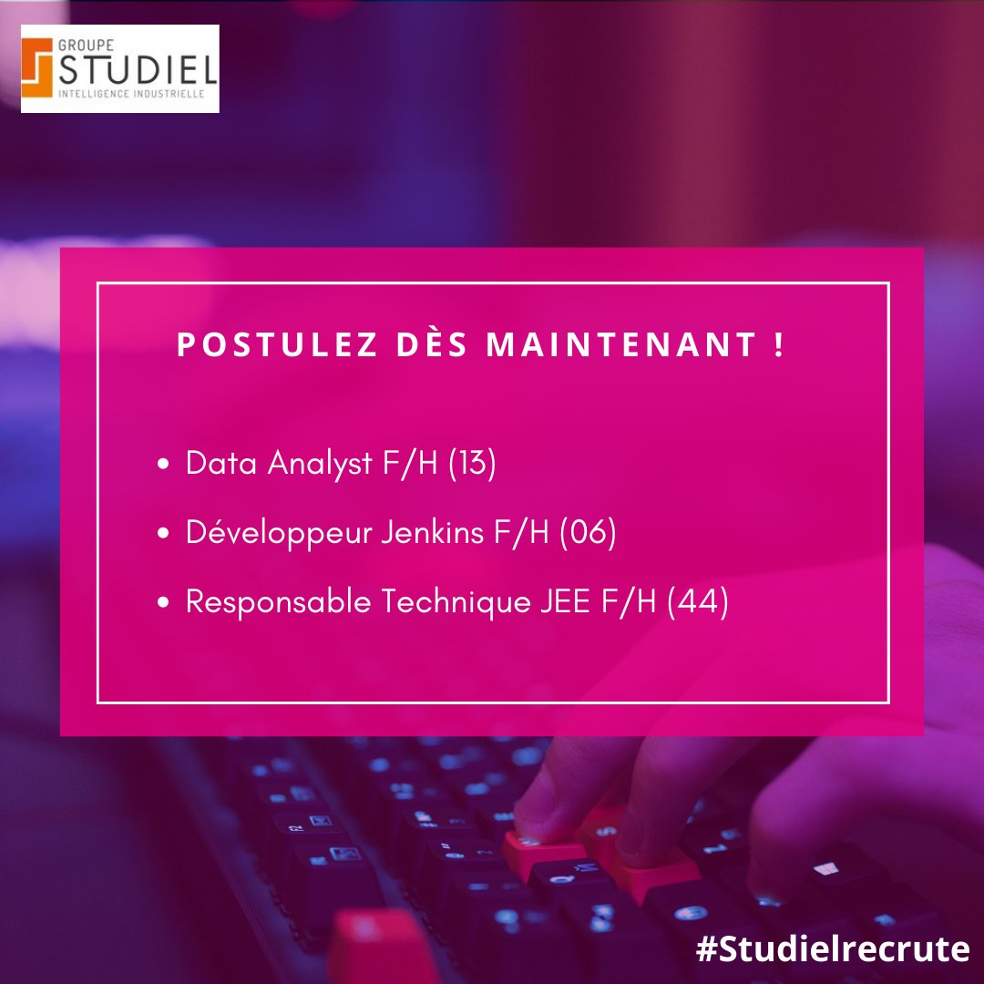 Vous avez une formation spécialisée en informatique ? 👨‍💻
Consultez en détail nos 3 postes disponibles ici : lnkd.in/dgTuyk7 et postulez directement à recrutement@studielgroup.com.

#Studielrecrute #recrutement #emploi #informatique #IT