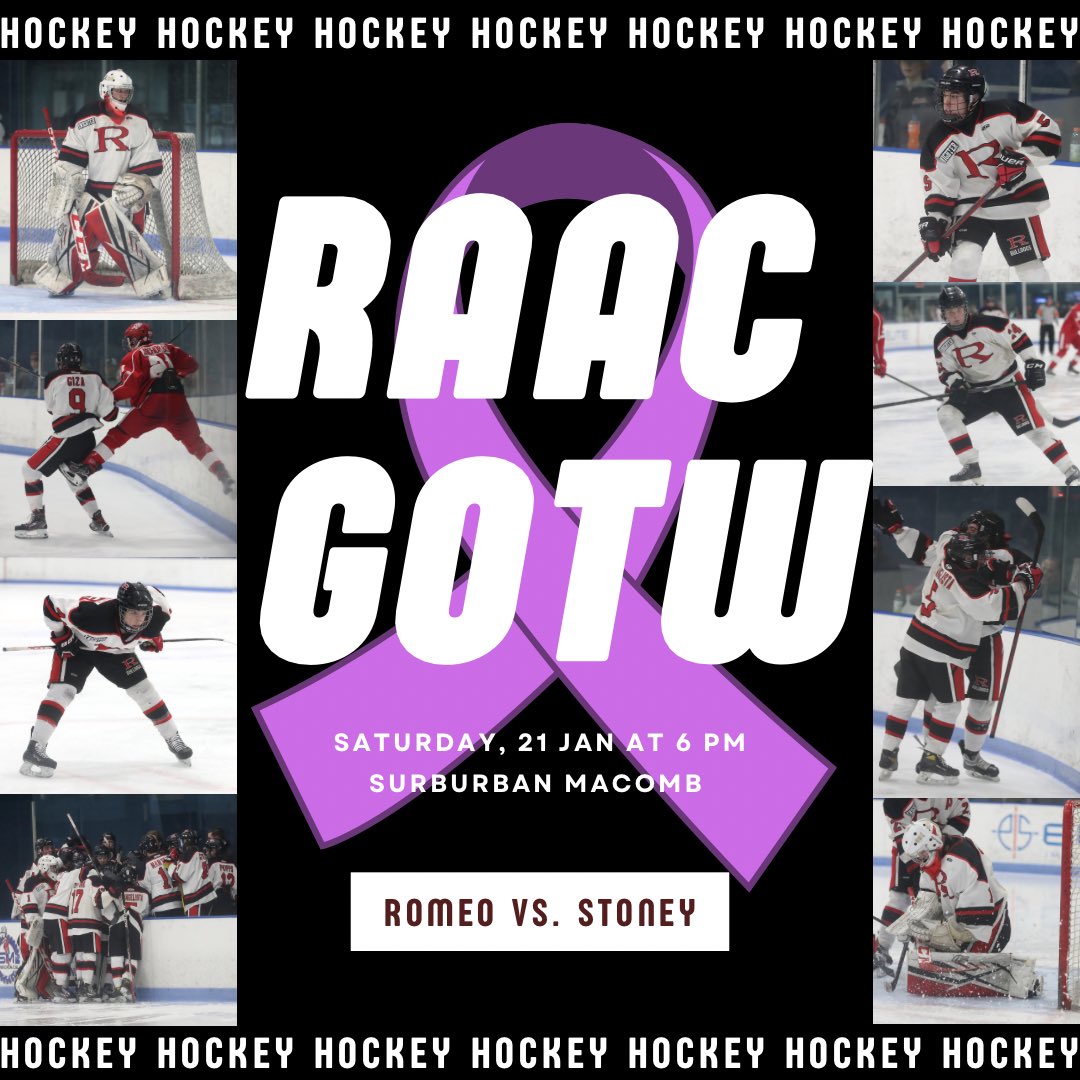 Romeo_RAAC's tweet photo. Romeo’s Varsity Hockey team takes on Stoney Creek tomorrow at 6pm for their annual Cancer Game at the Burb 💜🏒 #beatcancer #burb https://t.co/I2ooWH5DZb
