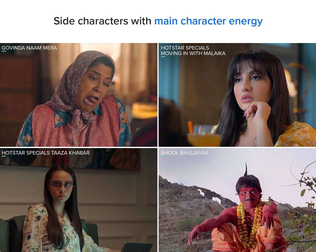 JioHotstar's tweet photo. Jaise boond boond se sagar banta hai, waise hi har side character se content masaledar banta hai 🤌🏼
#HotstarSpecials #TaazaKhabar #MovingInWithMalaika #GovindaNaamMera #BhoolBhulaya #DisneyPlusHotstar https://t.co/O4YqvCmVSG