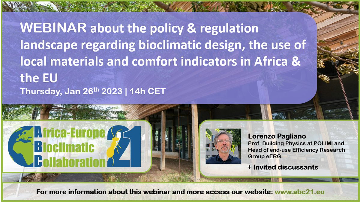 ABC21_h2020's tweet photo. 👉 Jeudi 📅26 janvier 🕑14h CET, ABC 21 organise un webinaire sur le politique et réglementaire concernant la conception bioclimatique, l'utilisation de matériaux locaux et les indicateurs de confort en Afrique et UE. en FRANCAIS 
Plus d'informations ici https://t.co/KNWmBHO61r https://t.co/D5NumnIdEN