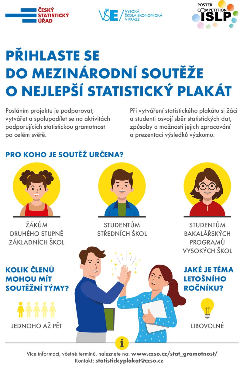 czstatistika's tweet photo. Baví vás statistika? Jste žáci, studenti nebo učitelé? Přihlaste se do soutěže o nejlepší statistický plakát.
>>> https://t.co/vpAOb4UvbH
#ČSÚ #statistickyplakat #VŠE #ISLP https://t.co/7hgFyPTnGj