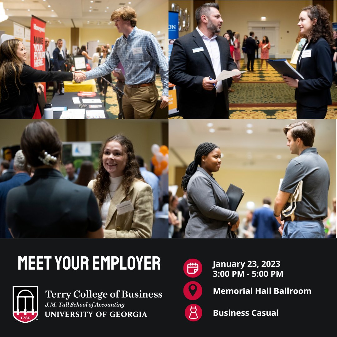 Tull students, get ready for the upcoming Meet Your Employer event on Monday! Employers are excited to meet you to discuss internship and full-time opportunities!