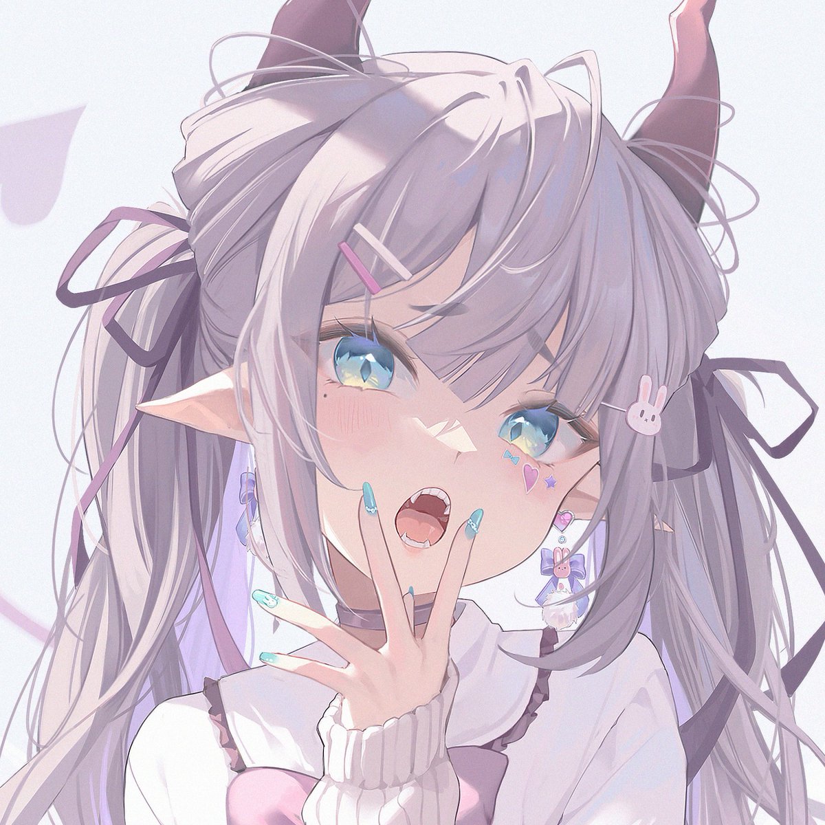 1girl solo horns pointy ears open mouth twintails earrings  illustration images