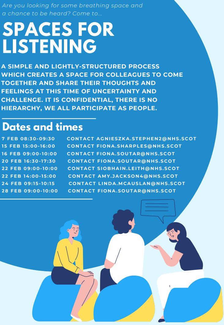 GrampianWeCare's tweet image. #SpacesForListening sessions are open to all. Curious to know more? Please do get in touch. Already a fan? Please help spread the word and welcome others 
@CclNhs @NHSGEqualities @VBRPGrampian
@DrGrays_Elgin @NHSG_Domestic @NHSG_PEFs @NHSG_Facilities @ShireNurses #GrampianWeCare