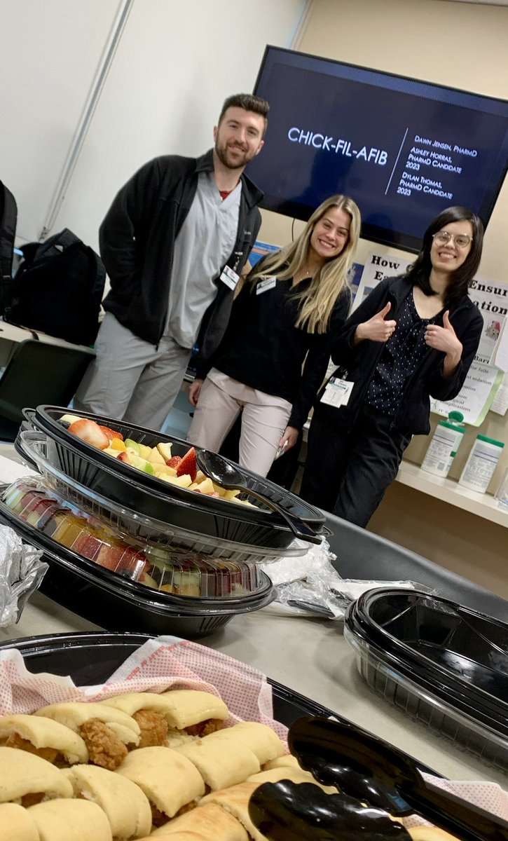 This month in SICU with <a href="/SeanTran_/">Sean Tran</a>, resident Dawn Jensen is serving as co-preceptor as part of our CTC program. This morning she and her APPE students provided an in-service on “Chick-fil-Afib” 🐔❤️