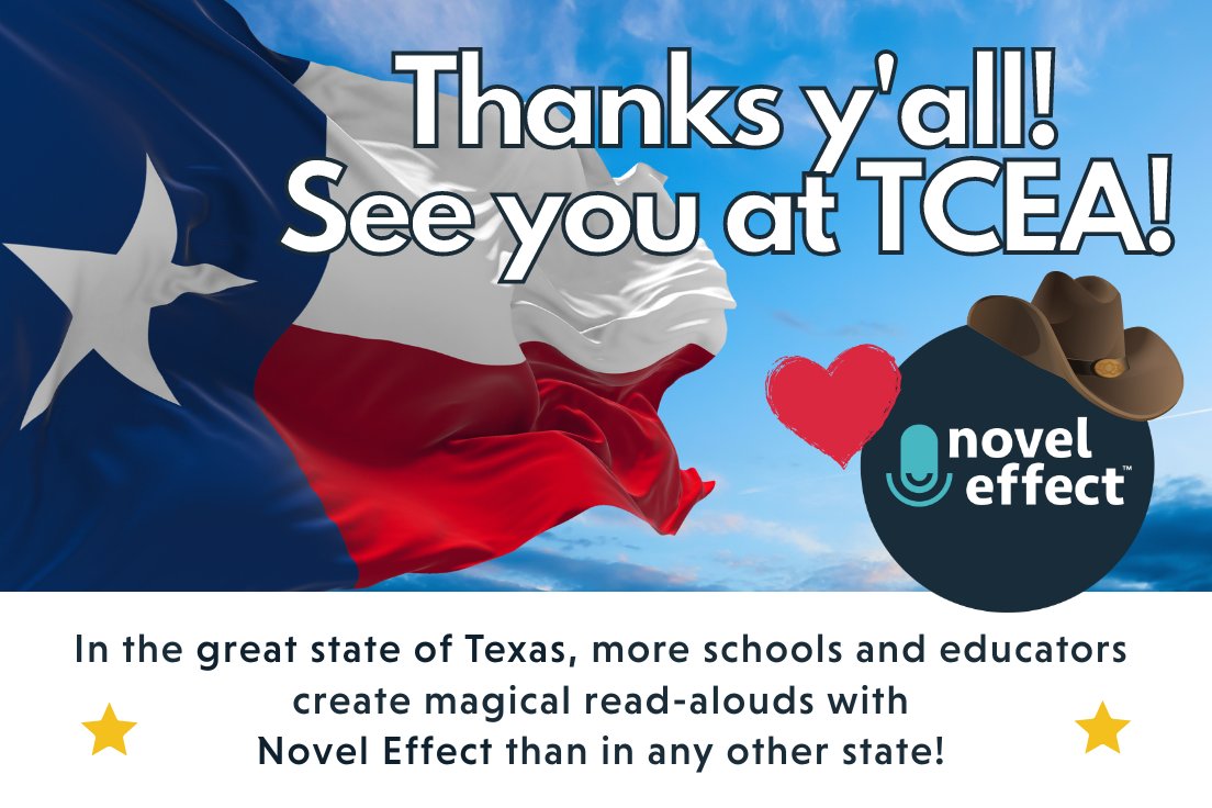 Novel_Effect's tweet image. Did you know more #teachers in Texas create read-aloud magic with Novel Effect than any other state? 📚🎉

If you're attending @TCEA, visit us at Booth 280 to see how #NovelEffect transforms read-alouds into a magical experience for your students AND you! ✨ #EdTech #TCEA #TCEA23