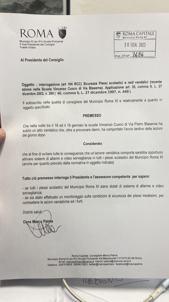 Marcopalmaxv's tweet photo. Danneggiamenti nei plessi scolastici : presentata interrogazione urgente per verificare la gestione della sicurezza dei plessi #videosorveglianza #20gennaio  #sicurezza #VincenzoCuoco #allarmi #CheDioCiAiuti @TgrRaiLazio @CarloRomeo15 @Corriere_Scuola @RaiScuola @tempoweb https://t.co/US2DZ1Kx50