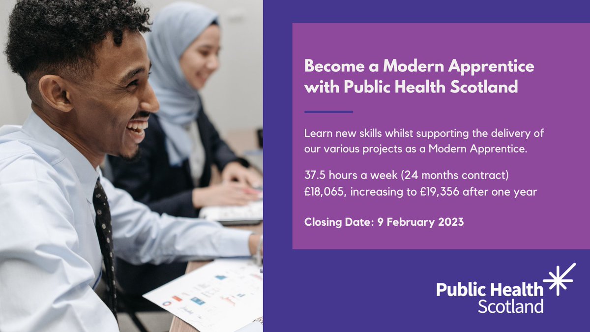 Public Health Scotland (@p_h_s_official) on Twitter photo We're looking for Modern Apprentices to support our various projects at <a href="/P_H_S_Official/">Public Health Scotland</a>
This is an ideal opportunity for someone at the beginning of their career to receive structured training and gain a SCQF Level 6 qualification 🎓
Find out more here:
apply.jobs.scot.nhs.uk/Job/JobDetail?… We're looking for Modern Apprentices to support our various projects at <a href="/P_H_S_Official/">Public Health Scotland</a>
This is an ideal opportunity for someone at the beginning of their career to receive structured training and gain a SCQF Level 6 qualification 🎓
Find out more here:
apply.jobs.scot.nhs.uk/Job/JobDetail?…