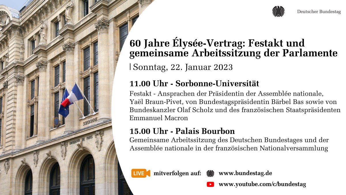 hib_Nachrichten's tweet photo. Etwa 120 #Bundestag|sabgeordnete🇩🇪 nehmen heute in #Paris an den Feierlichkeiten mit der @AssembleeNat🇫🇷 zum 60-jährigen Bestehen des #ÉlyséeVertrag|es🤝teil. #60Jahre60ans

📄Nach der Arbeitssitzung soll zudem eine gemeinsame Erklärung angenommen werden.⬇️https://t.co/b7KUQBe4Oc https://t.co/YiaFj7RKUf