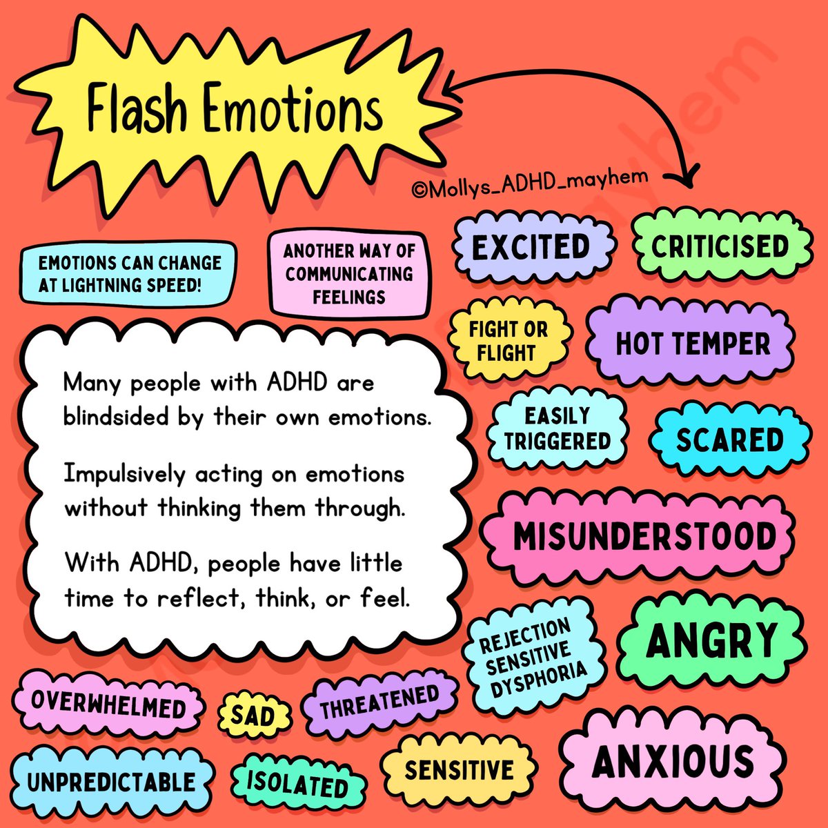 Mollys_ADHD's tweet photo. ⚡️Flash Emotions⚡️ 

Many people with ADHD are blindsided by their own emotions.

Impulsively acting on emotions without thinking them through.

With ADHD, people have little time to reflect, think, or feel.

EMOTIONS CAN CHANGE AT LIGHTNING SPEED!⚡️⚡️⚡️ 

©️Mollys_ADHD_mayhem https://t.co/RVXcO3kuvX