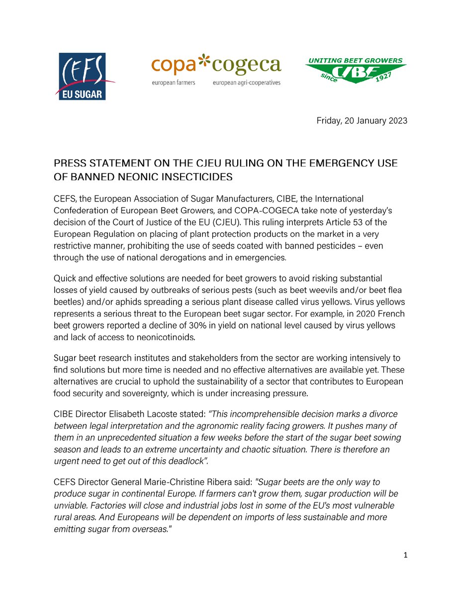 .<a href="/SugarBeetEurope/">C.I.B.E.</a> with <a href="/SugarEurope/">EU Sugar Manufacturers</a> &amp; supported by <a href="/COPACOGECA/">COPA-COGECA</a> reacted to the decision yesterday by <a href="/EUCourtPress/">EU Court of Justice</a> on the emergency authorizations to beet treated seed, they expressed profound disarray &amp; concerns with this unprecedented situation bit.ly/3XNomOX 👇