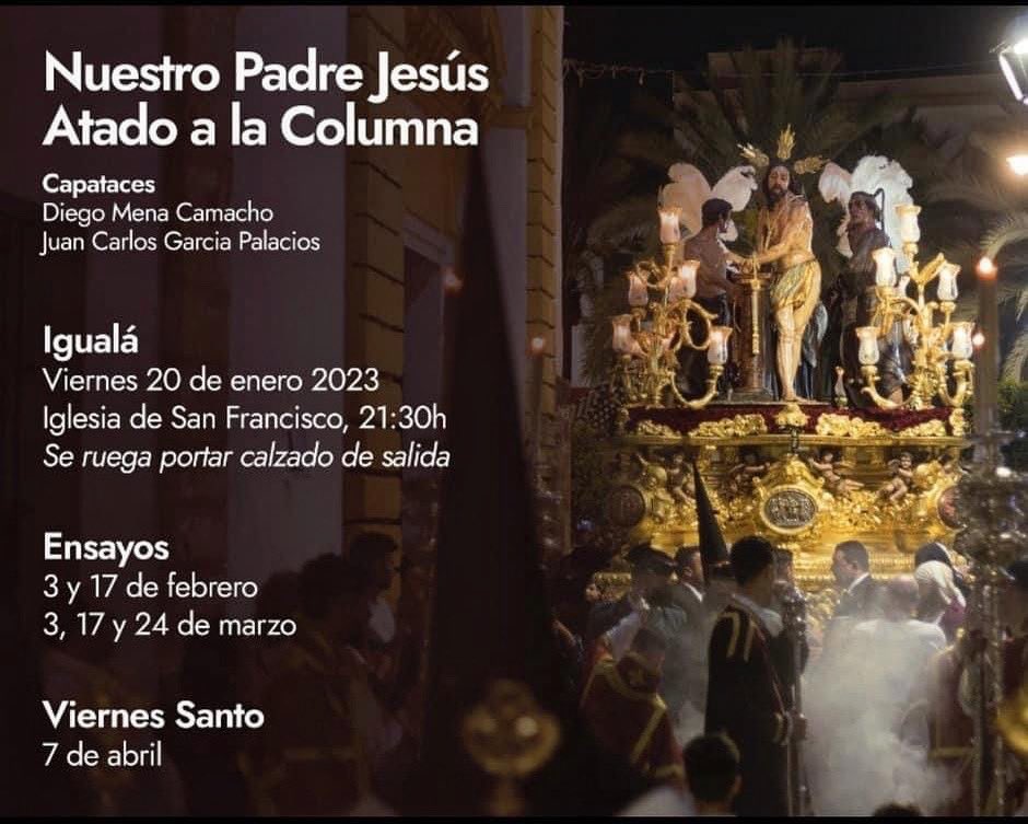 ccyttveracruz's tweet photo. 📌 𝗜𝗚𝗨𝗔𝗟𝗔́ • Hoy, igualá de la Cuadrilla de costaleros de Ntro. Padre Jesús Atado a la Columna de nuestra @VeraCruz_Utrera. 

🕘 21:30 horas.
📌 Capilla de San Francisco.

Se ruega llevar el calzado de salida.

🎺🥁 #Atadosatupasión https://t.co/cYm49crTOr
