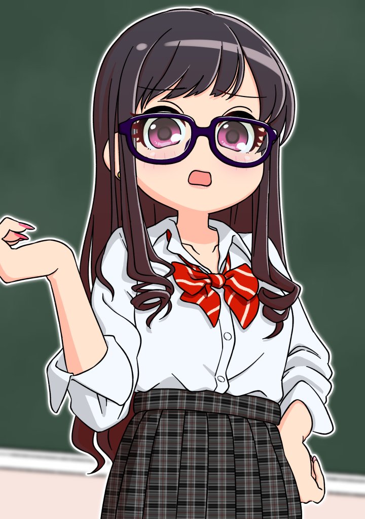 1girl skirt solo school uniform bow long hair chalkboard  illustration images