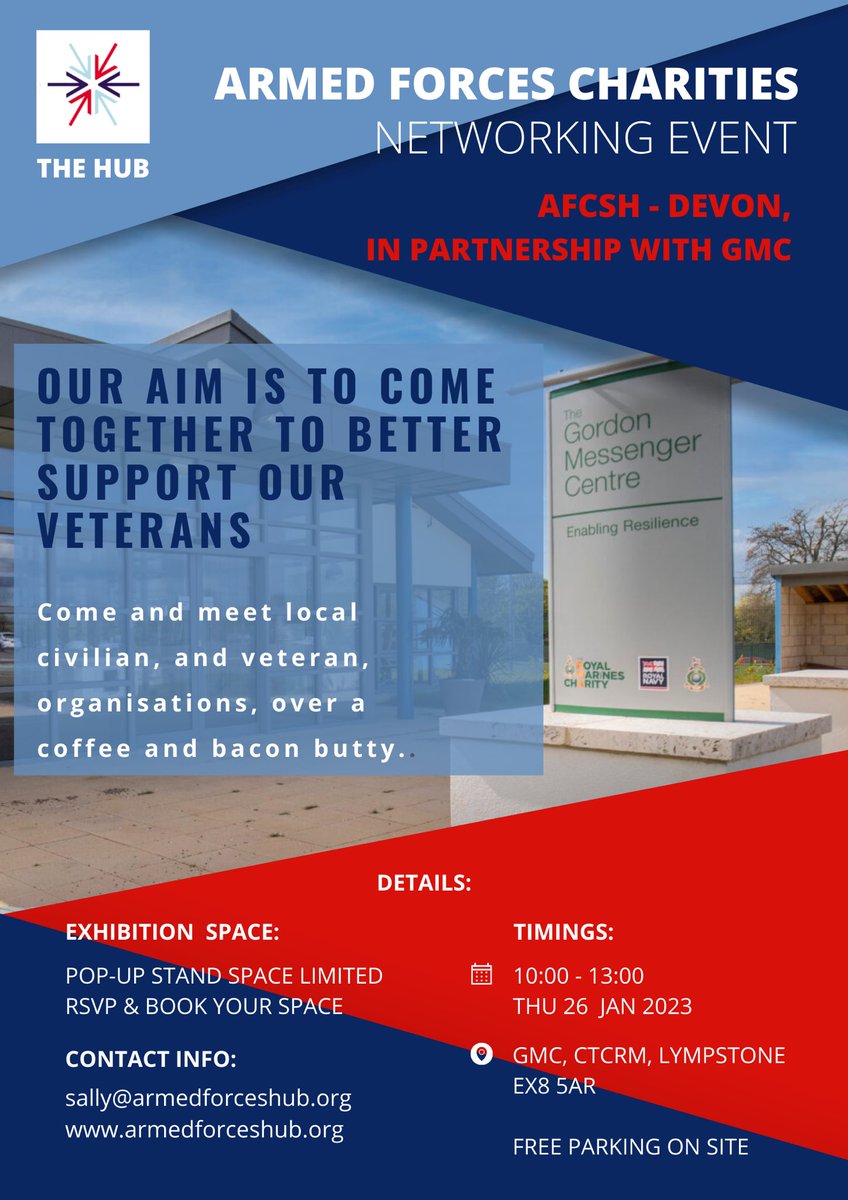 The Armed Forces Charities Networking Event - Thursday 26th January, 1000 - 1300 @ Gordon Messenger Centre! 

This is a great opportunity to support our veteran charities, organisations and the veterans themselves!

👇👇👇

#Commandofamily #Veterans #GMC #Charities