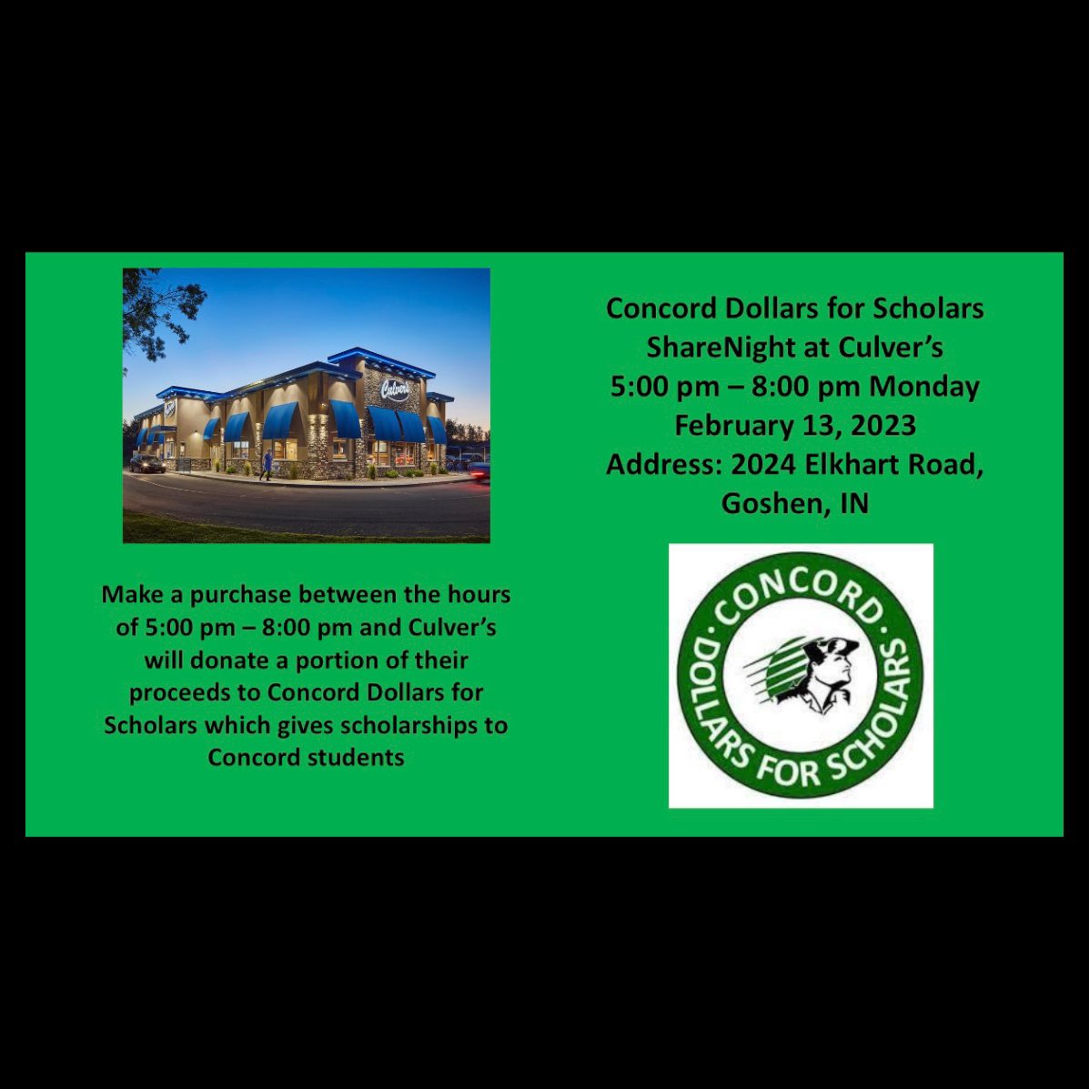 ConcordDFS's tweet image. Culver’s is hosting a ShareNight to benefit DFS! Monday February 13 from 5-8pm. Come out have yummy food and support DFS! Look out for board members who will be all around during that time. We can’t wait to see you there!