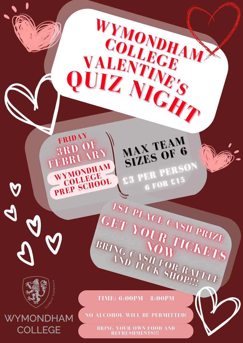 WymondhamCol's tweet photo. The Principal’s Council are holding a Valentine’s Quiz at the Prep School, on Friday 3 February at 6pm. Teams of up to 6 people are welcome, tickets available on Wisepay #quiz #quiznight #buyticketsnow https://t.co/xAvkRmWtR0