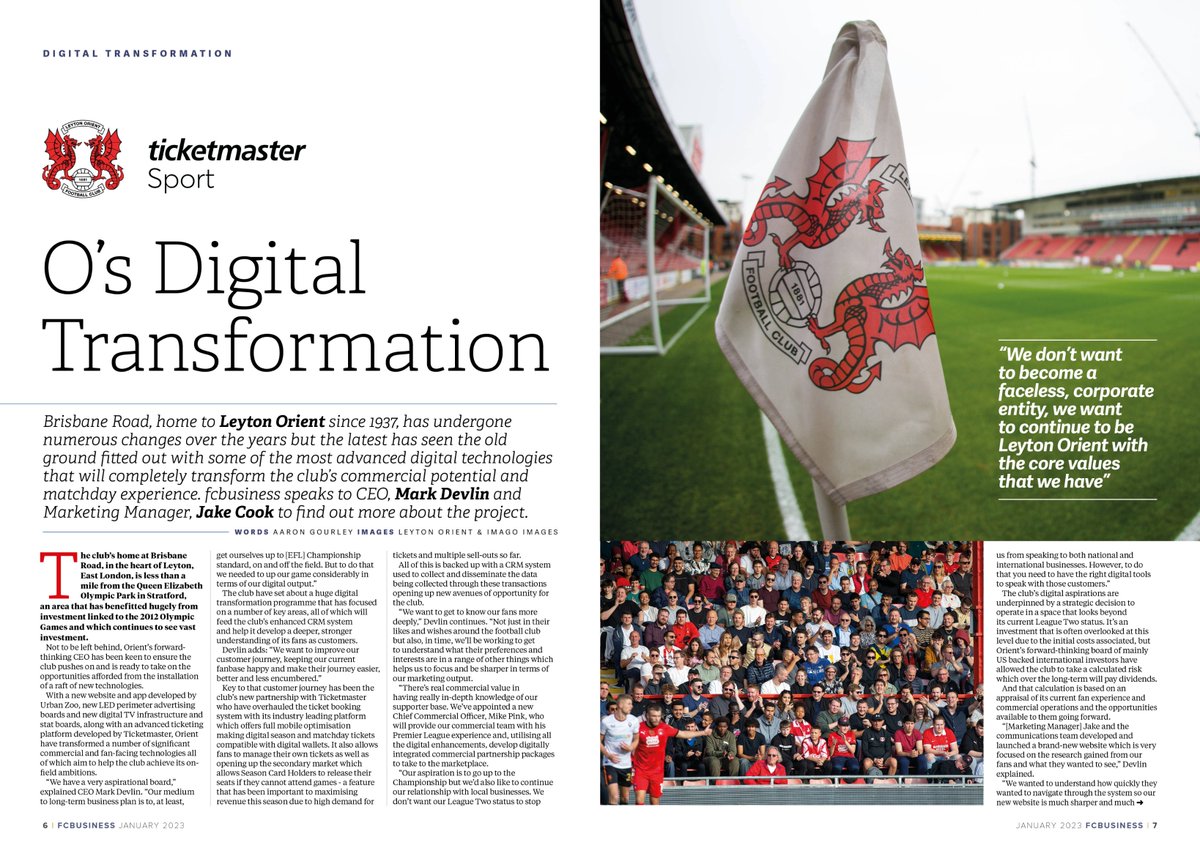 With the help of <a href="/TMSportB2B/">Ticketmaster Sport</a> and a range of other advanced digital technologies <a href="/leytonorientfc/">Leyton Orient FC</a> has transformed the matchday experience and its commercial potential. fcbusiness finds out more about the project (Pages 6-9) ➡ bit.ly/fcbusiness146