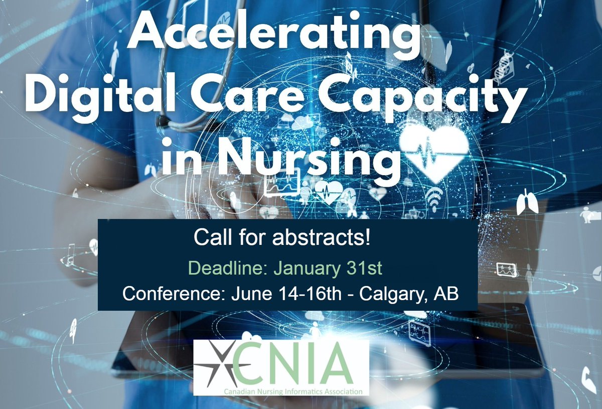 CNIA_CA's tweet photo. CNIA 2023 Conference call for abstracts deadline is extended to Jan 31st! Share the word - we can’t have a conference without you! 

Link to more information: https://t.co/nONkx8aUGu 

#CNIA #conference #informatics #healthcare #digitalcare #nursing https://t.co/GDVl9E6k7o