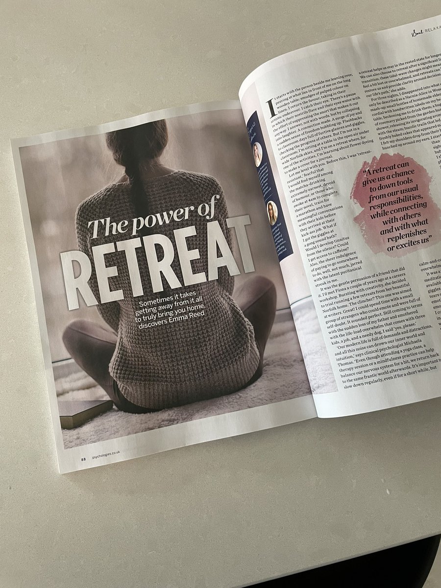 emmareedwrites's tweet image. A retreat sceptic (me) has a bit of an epiphany. After one of ‘those weeks,’ a lovely lift to see my feature in @PsychologiesMag. With thanks to @DrMarianneTrent and @ThomasConnect