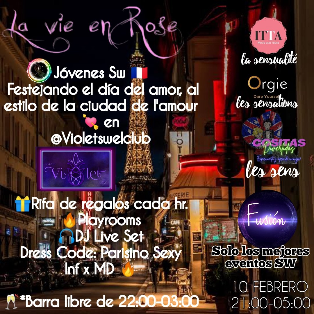 Ya estan listos para #FusionSw, estamos de vuelta #JovenesSw y <a href="/Violetswelclub/">Club Violet Sw Exclusivo</a> al puro estilo 🇫🇷🗼💘te lo vas a perder?

"Viernes 10 Feb",  y atentos ya qué regalaremos 1 reservación para 2 en habitación con jacuzzi de <a href="/MotelesPicasso/">Moteles Picasso</a> 😈💘 y muchos regalos

Reserva ya! 😈💘🔥🇫🇷