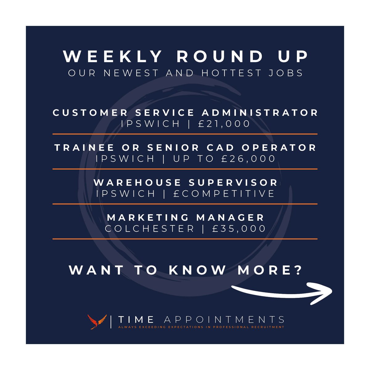 It's time for our Weekly Round Up of the newest and hottest jobs! 🔥

To learn more, visit our website or get in touch with our team today!

📞 01473 252 666
🌐 timeappointments.co.uk/jobs/

#recruitment #recruiting #opportunities #jobs #careers #ipswichjobs #Ipswich #Colchester