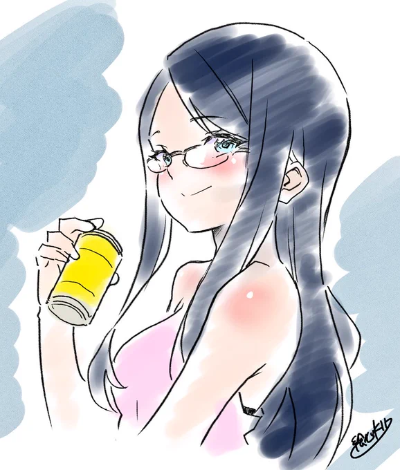 次回の切り抜きでスバルちゃんのお姉さんがちらっと登場するのでキャラデザ中、なんとなくイメージで髪長そう、メガネかけてる、お酒大好きみたいな感じ。#プロテインザスバル 