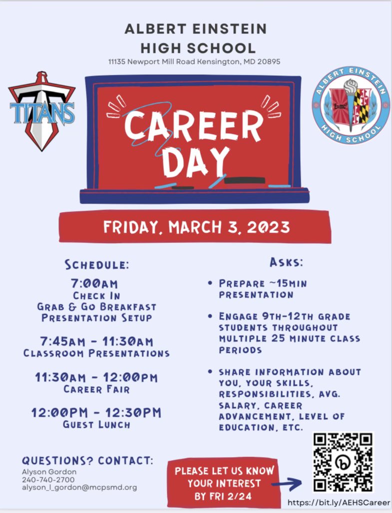 MBrown_Jr's tweet photo. On 3/3/23 AEHS will host our 1st school-wide Career Day. We need 125 presenters. You can register @ https://t.co/xCUfWzE1mZ Please help spread the word!  💯% in person. @MCPS https://t.co/2nqWc6rMYY