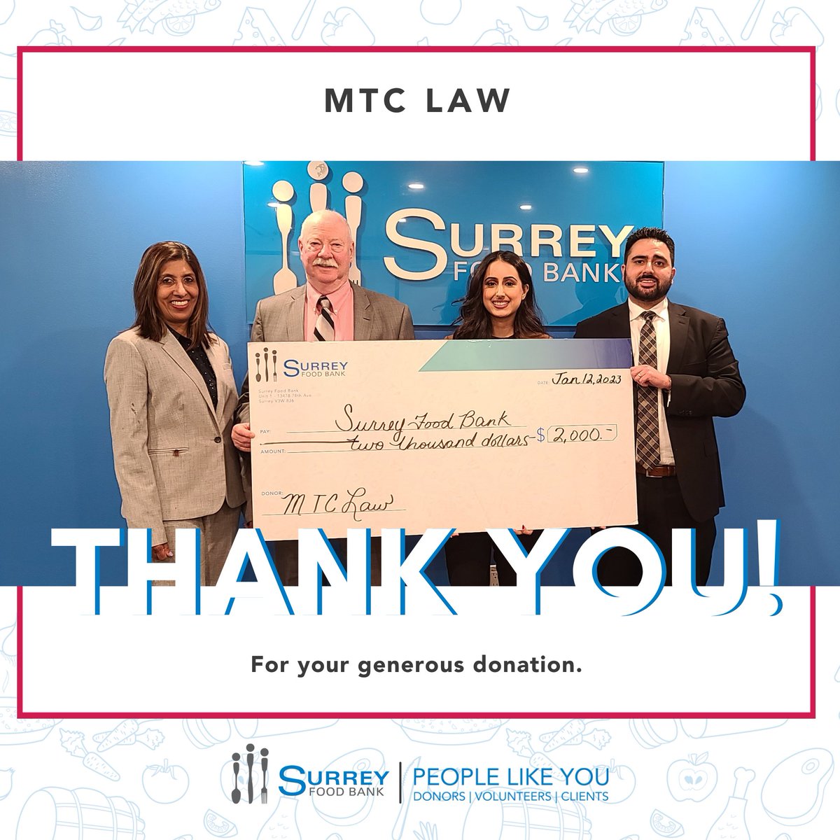 Thank you, MTC Law, for your generous donation to the Surrey Food Bank to help feed the people in our community. MTC Law has been our neighbour for over 30 years & has supported us as our client numbers grew. We appreciate you. #SurreyFoodBank #MTCLAW #CorporateGiving #SurreyBC