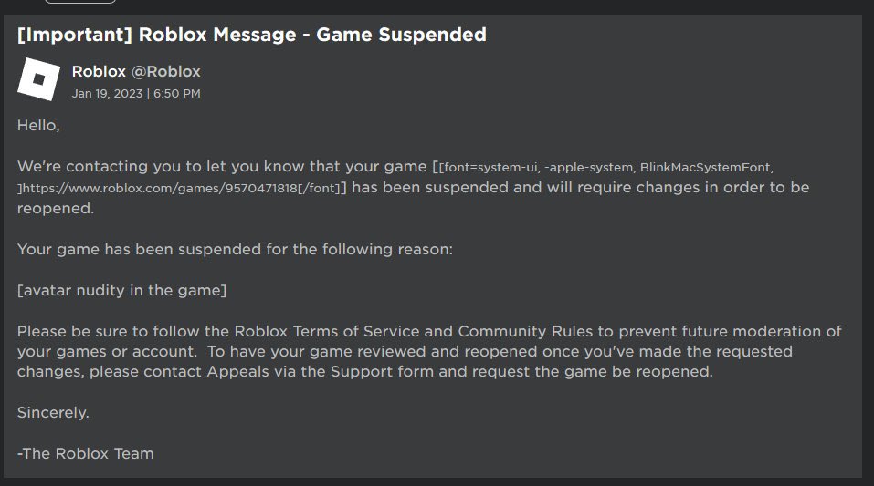ReverseMeister's tweet image. One of my friends has just got his account take down for “character nudity.” He’ve only placed down r6 dummies throughout his game, yet they’ve banned him? This is not acceptable, he’ve spent hours developing. #RobloxModeration #RobloxDevs #Appeal #Roblox #developer