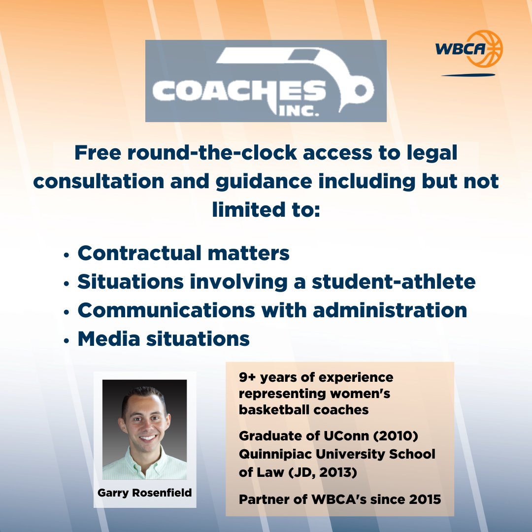 🚨Member Benefit🚨 The WBCA is proud partners with Coaches Inc.! There will be a question box on our Instagram stories on 1/27 in order to get any questions you might have about these services answered by Garry Rosenfield. #WBCA #MemberBenefits