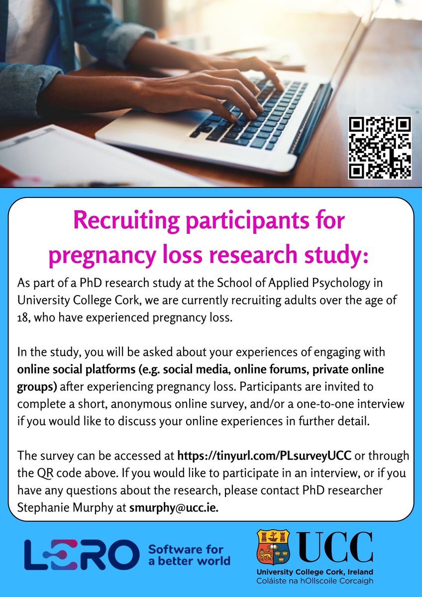 Stephanie Murphy (@steph_murphy_98) on Twitter photo As part of my PhD research, I am currently recruiting participants to discuss their experiences of using online platforms after pregnancy loss. If interested, please DM me or email me at smurphy@ucc.ie. <a href="/AppPsychUCC/">Applied Psychology UCC</a> <a href="/LeroCentre/">Lero</a> <a href="/research_pat/">PAT Research Group</a> As part of my PhD research, I am currently recruiting participants to discuss their experiences of using online platforms after pregnancy loss. If interested, please DM me or email me at smurphy@ucc.ie. <a href="/AppPsychUCC/">Applied Psychology UCC</a> <a href="/LeroCentre/">Lero</a> <a href="/research_pat/">PAT Research Group</a>