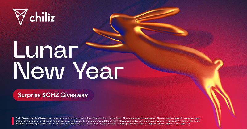 Chiliz's tweet photo. 𝐋𝐮𝐧𝐚𝐫 𝐍𝐞𝐰 𝐘𝐞𝐚𝐫 | $CHZ Giveaway 🌶️

Chiliz is celebrating the year of the Rabbit! 🐰

Come celebrate Lunar New Year with us by taking part in our giveaway 👇

🎁 50 Lucky Chilizens share
🧧 a Prize pool of 8,888 $CHZ

#LunarNewYear ⚡️ $CHZ
