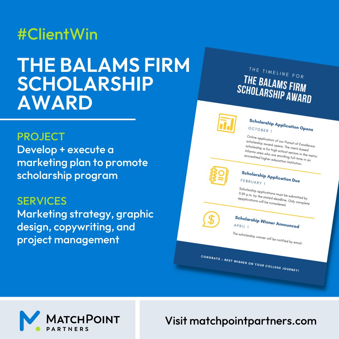 @TheBalamsFirm  enlisted MatchPoint Partners to revive their scholarship program and extend its #marketing reach to applicants.

See more of this #clientwin at matchpointpartners.com/portfolio

#marketingagency #advertisingagency #attorneyatlaw #georgialawyer #atlantalawyer
