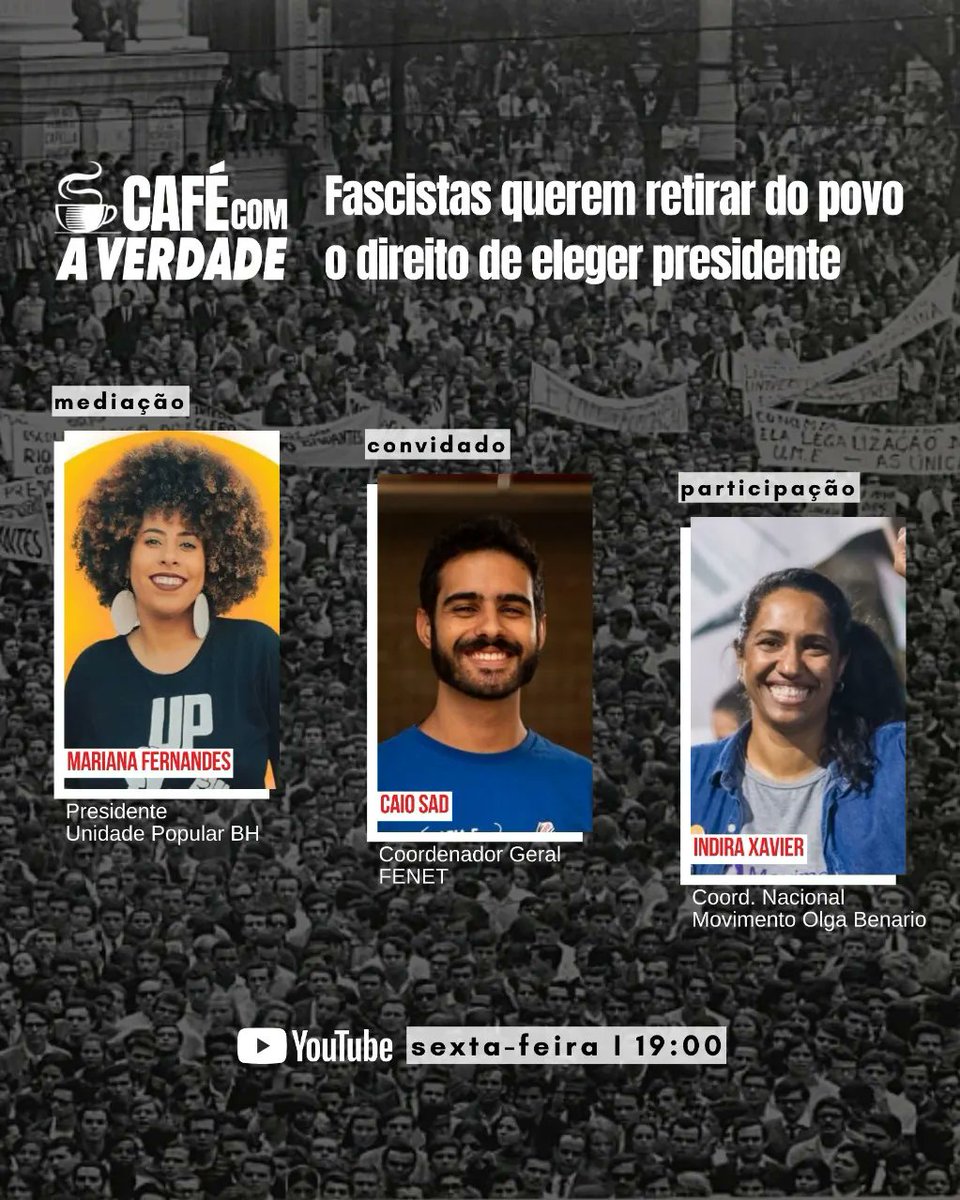 IndiraXavierUP's tweet photo. Hoje participo da 1° edição do #CaféComAVerdade de 2023, o programa do @averdade_jornal TV no Youtube. Nesta edição, discutiremos o editorial da edição nº 264 "Fascistas querem retirar do povo o direito de eleger presidente"

Não perca! https://t.co/JsihzvC599