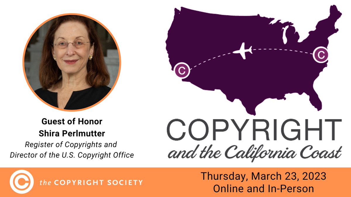 copyrightsoc's tweet photo. Save the date for Thursday,  3/23 at 12 pm for "Copyright &amp; the California Coast," the annual premiere Los Angeles #copyright event, presented by Shira Perlmutter, Register of Copyrights &amp; Director of the U.S. @CopyrightOffice.

https://t.co/TYUnkFQH1C

#CopyrightSociety #CSUSALA https://t.co/Nu35nvfuKJ