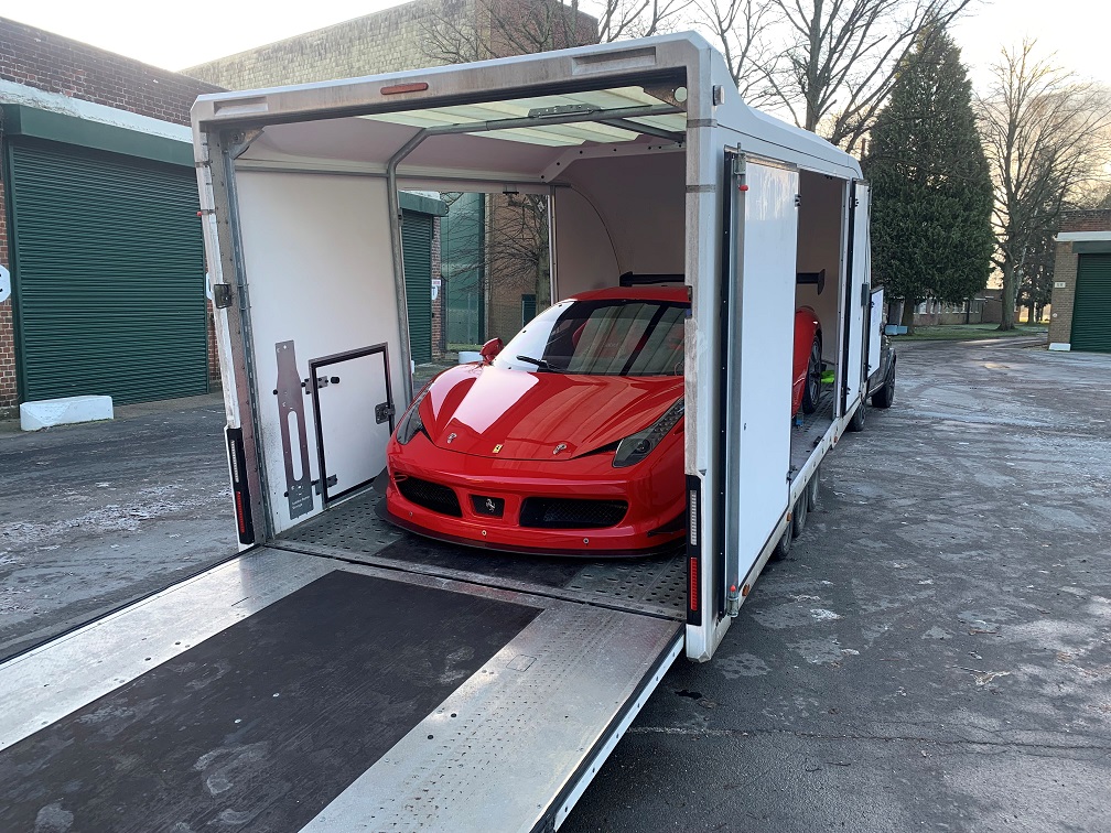 BestCarStorage's tweet image. A Ferrari 458 challenge car collection from Bicester for delivery to a Silverstone customer #silverstone #ferrari #ferrari458 #cartransport #luxurycartransport