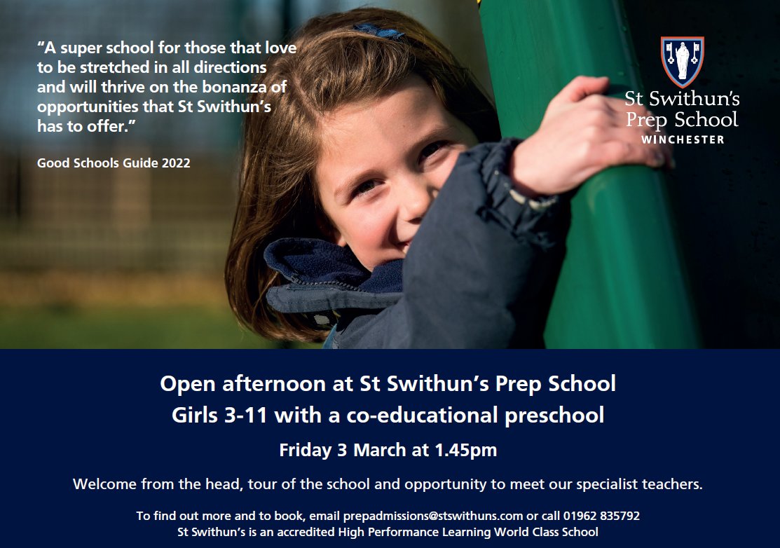 We will be welcoming visitors at 1.45pm on Friday 3rd of March. This open day is the perfect opportunity for you to experience the school during term time.

To find out more or to sign up please email: prepadmissions@stswithuns.com