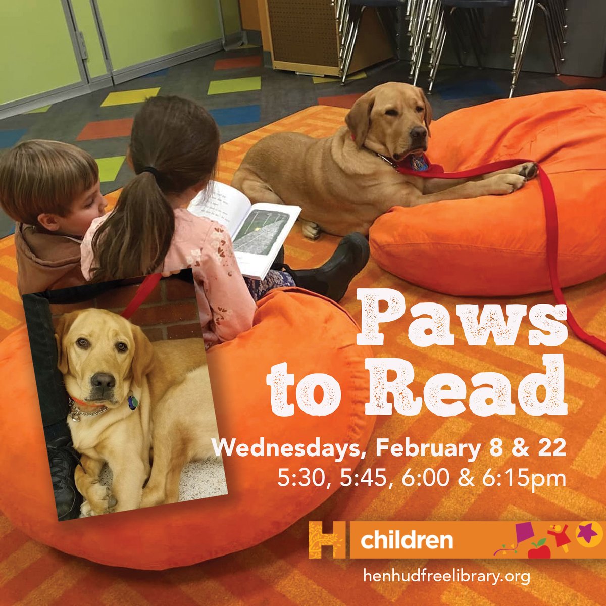 HenHudLibrary's tweet photo. This program allows children to read aloud to a dog to build comfort, confidence and make reading more fun! Sign up for one 15-minute reading session PER FAMILY. Visit our website to register.
#pawstoread #daryl #darylthetherapydog #therapydog #hhfl #library https://t.co/pZeSQI7e35