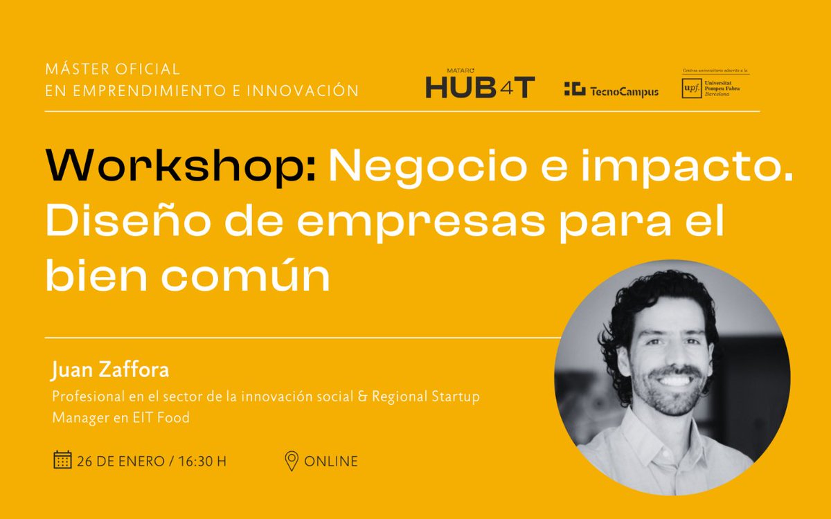🆕 MASTERCLASS #online 📣 ¿Buscas potenciar negocios orientados al #biencomún?🧐

Descubre las herramientas más conocidas del análisis de #modelosdenegocio y las estrategias de impacto para potenciar tu empresa🙌

🗣️ <a href="/JuaniZaffora/">Juan Ignacio Zaffora</a>

🗓️ 26/01 🕓 16.30 H 👇
bit.ly/3k7aeBt