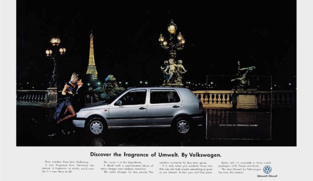 CNoppeney's tweet image. In 1990, #Volkswagen advertized "Smell no diesel", i.e. how well the #deodorization worked. In 1993, they promoted the #smell as a #fragrance, in other words how nice it smelled. There is no #odor that has not been de-odorized as well! 

#smellculture #carsmell #newcarsmell