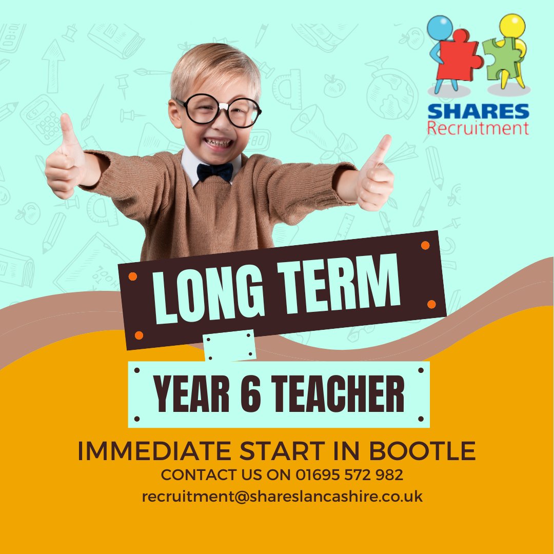 Are you a Year 6 Teacher looking for a Long Term Role?  We have one available in Bootle.  For more information get in touch today 
#bootle #primary #supplyteachers #liverpool #longterm