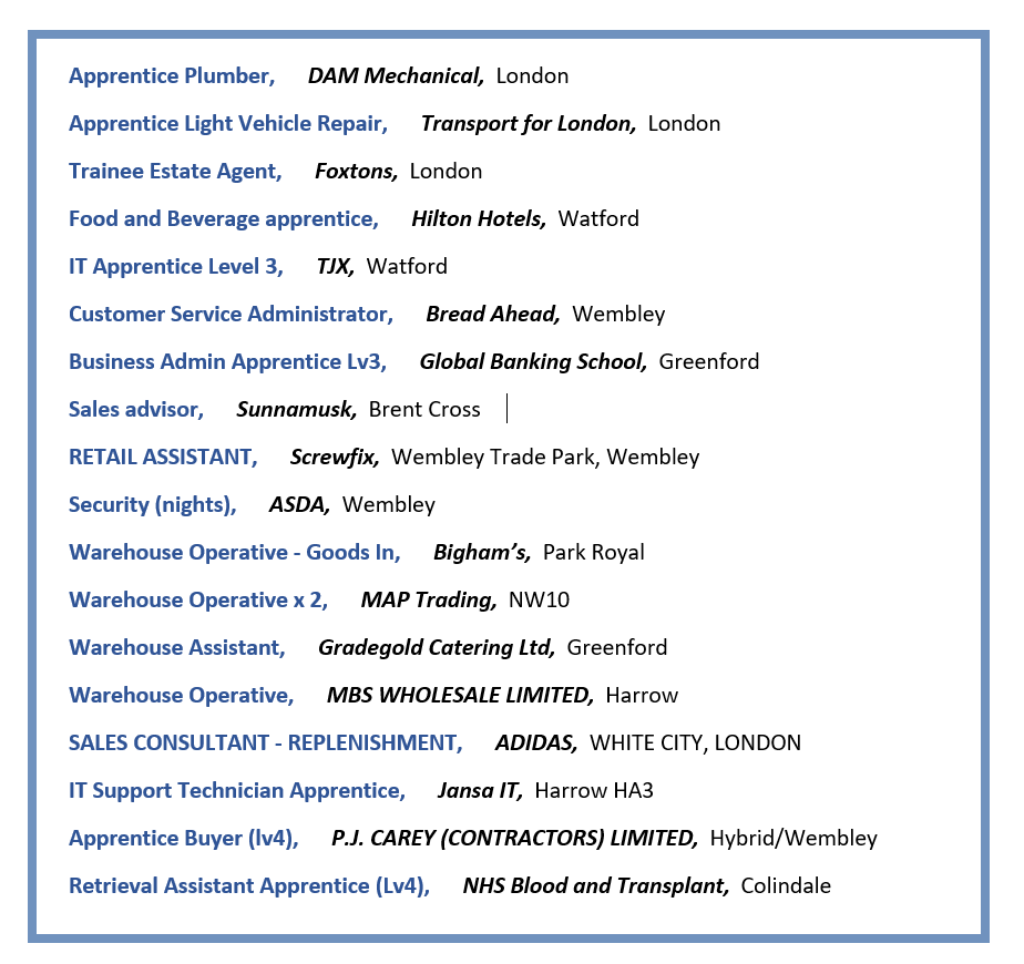 We add new vacancies to our bulletin every week!

If you're 16-19 and want to improve your chances of getting into a job, apprenticeship or college course, contact us to find out more.
DM us or check our Bio

#BrentConnexions #Jobsearch #BCXJobs