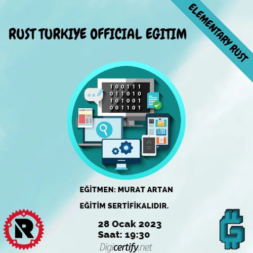 Rust Türkiye Official Eğitimi’ni duyurmaktan mutluluk duyuyoruz🦀Elemantry Rust ile başlangıcı yapıp Advanced Rust eğitimiyle devam edecek olan eğitime <a href="/GaziBlockchain/">Gazi Blockchain Topluluğu🇹🇷</a> topluluğu ile başlıyoruz.

Elementary Rust eğitimi <a href="/murtiblock/">Murat</a> eşliğinde ilerleyecektir.