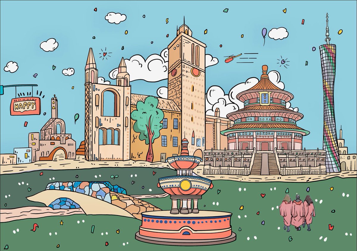 shottonb's tweet photo. #LunarNewYear2023 @univofstandrews A beautiful drawing from our own colleague Jianglong Zhang - the painting "holds some of the most important elements of St Andrews and China" - The Temple of Heaven in Beijing; and the Canton Tower in Guangzhou; Red Gowns (Hong Pao), Swilcan. https://t.co/HiExUaHL0v