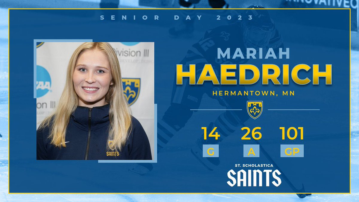 It’s a <a href="/CSSWHockey/">CSS Women's Hockey</a> 
GAME DAY!

🚨SENIOR NIGHT!🚨

Come support our 5 graduating student-athletes as we take on St. Olaf at 7:00 pm.

Wear teal to support Cervical Cancer Awareness!

<a href="/CSSsaints/">St. Scholastica Athletics</a> <a href="/StScholastica/">St. Scholastica</a> <a href="/CSS_SAAC/">CSS SAAC</a> 

Senior #1 - <a href="/MariahHaedrich/">Mariah Haedrich</a> from Hermantown, MN